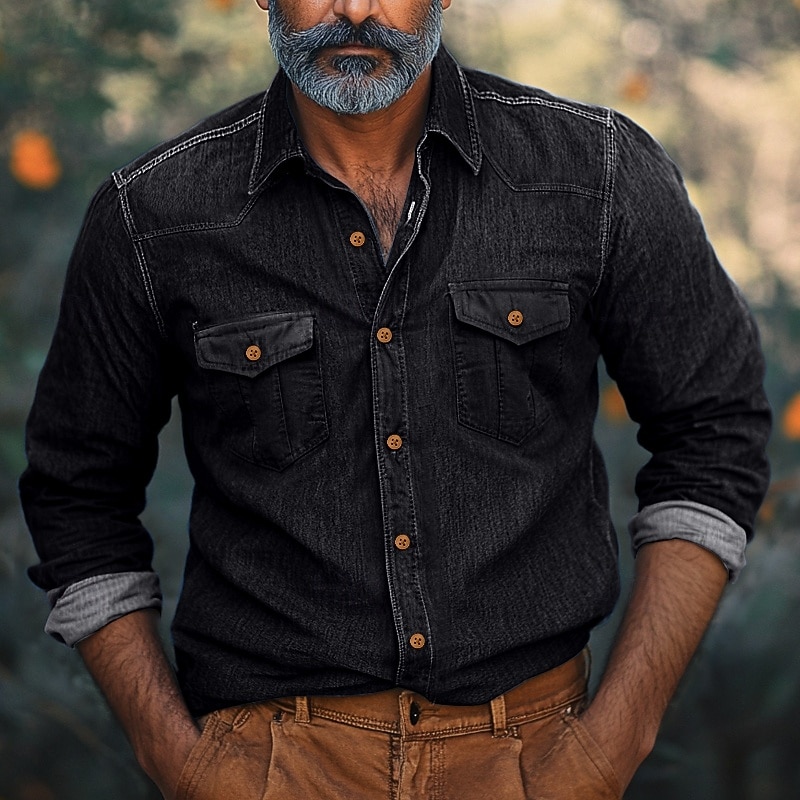 Men's Shirt Chambray Shirt Calico Shirt Casual Shirt Button Up Shirt Denim Shirt Black Navy Blue Blue Light Blue Long Sleeve Plain Collar Vacation Daily Clothing Apparel Fashion Casual3