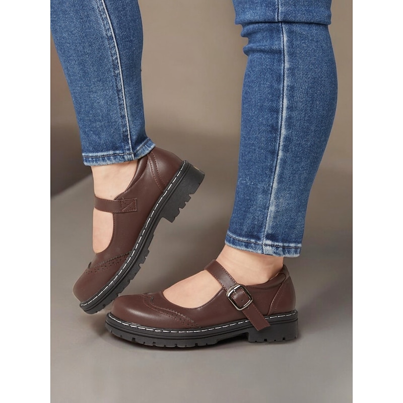Women's Brown Mary Jane Shoes with Brogue Detailing, Buckle Strap, and Chunky Non-Slip Sole – Retro Casual Footwear for Everyday Wear3