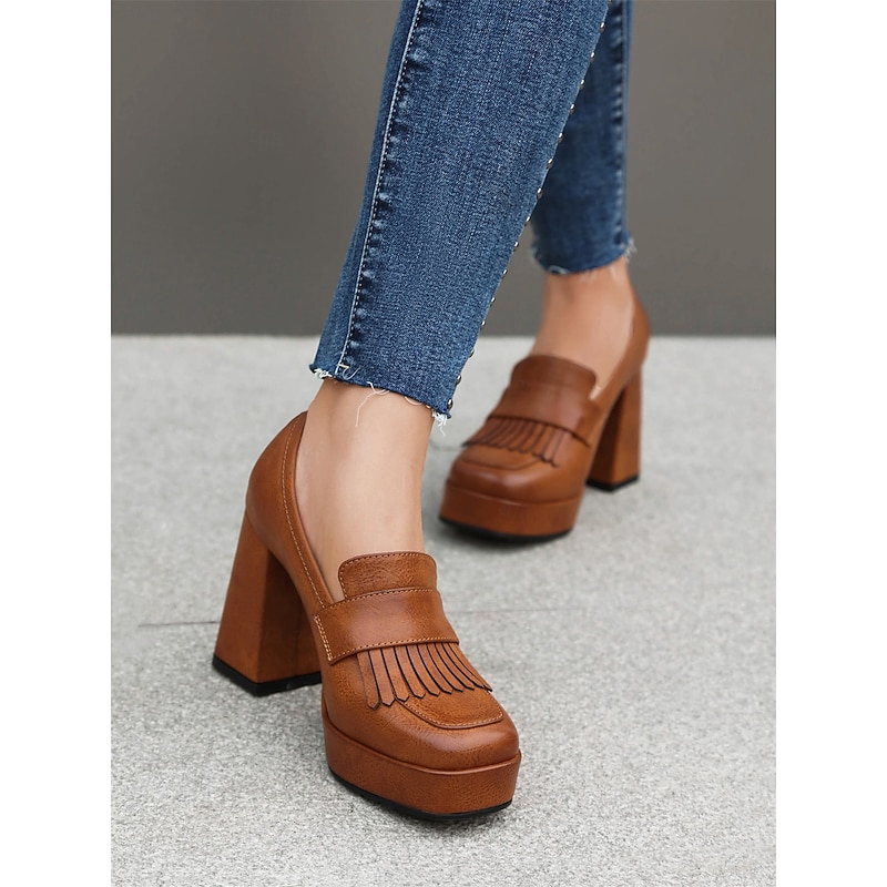 Women's Brown Platform Loafer Heels with Tassel Fringe – Retro Chunky Block High Heel Shoes for Casual and Party Wear4