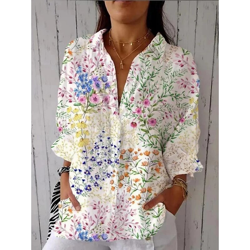 Women's Shirt Blouse Floral Casual 3/4 Length Sleeve Shirt Collar Regular Tops Daily Patchwork Buttons White Green Fall Winter