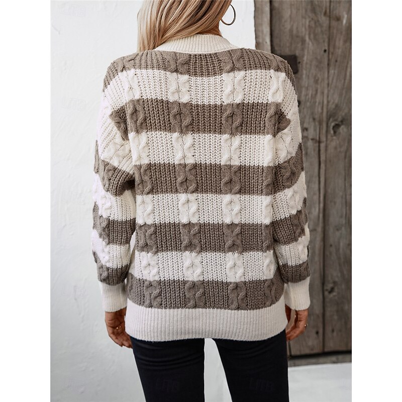 Women's Sweater Casual Soft Striped Ribbed Crew Neck Knitted Long Sleeve Regular Tops Knit Outdoor Daily Weekend Black Coffee Fall Winter