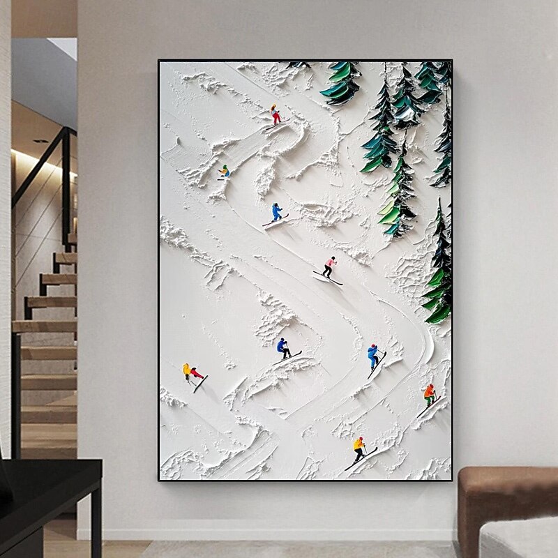 Handpaint 3D White Snowfield Skiing Canvas Hand Painting Original Skier Gift Personalized Winter Decor Textured Knife Painting Ski Art White Pine Frame Ready To Hang Or No Frame2