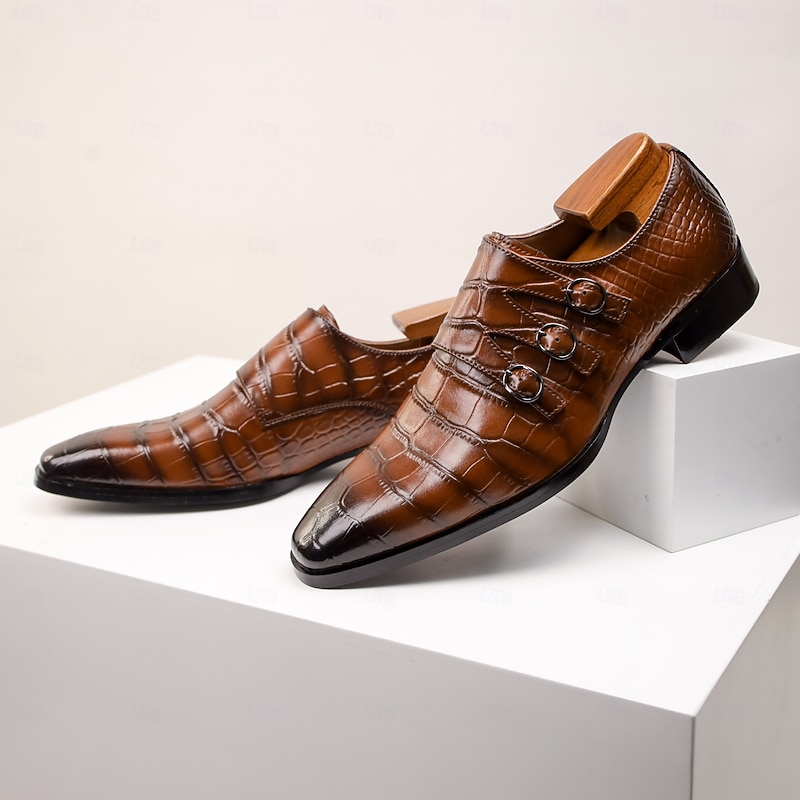 Men's Brown Cowhide Leather Dress Shoes - Crocodile Pattern with Triple Buckle Straps and Pointed Toe Design4