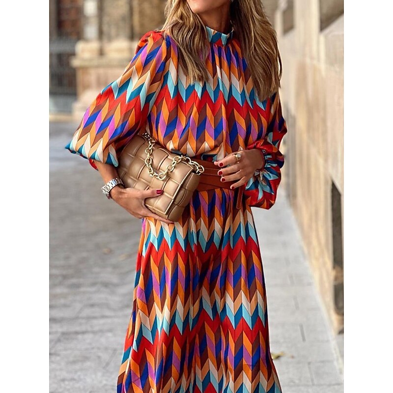 Women's Geometric Stand Collar Maxi Dress Long Sleeve Summer Spring3