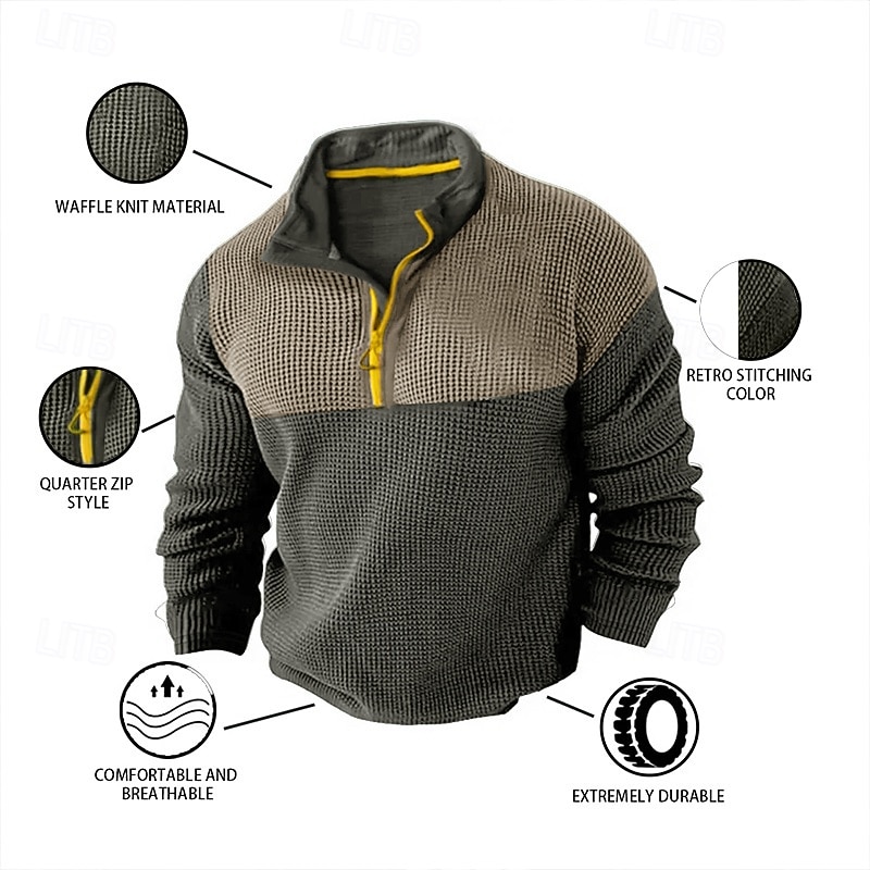 Men's Waffle Shirt T Shirt Zip Half Shirt Tee Top Long Sleeve Quarter Zip Spring &  Fall Color Block Fashion Designer Basic Patchwork Vacation Street Going out Black Brown Green Top Tee for Men2