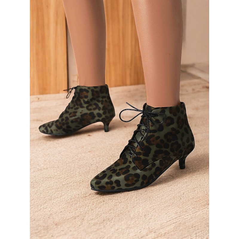 Green Leopard Print Lace-Up Ankle Boots with Kitten Heel – Chic Retro Style Shoes for Women