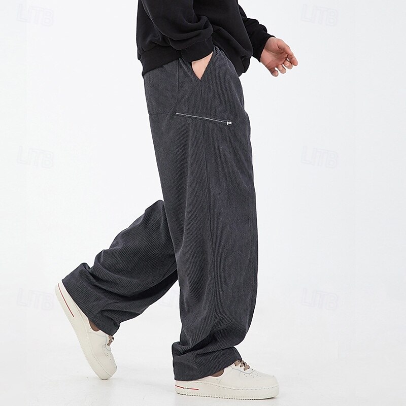 Men's Corduroy Pants Trousers Casual Pants Drawstring Zipper Pocket Straight Leg Plain Comfort Warm Full Length Outdoor Casual Daily Sports Fashion Black Khaki2