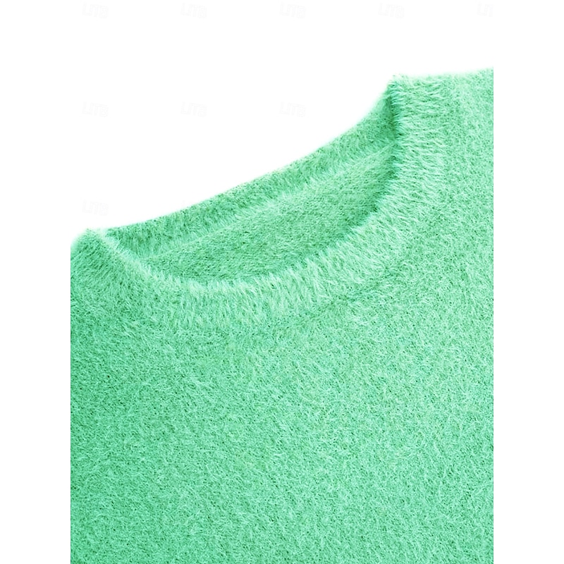 Women's Pullover Sweater Jumper Stylish Casual Soft Solid Color Fuzzy Crew Neck Oversized Long Sleeve Long Tops Knit Outdoor Daily Going out Lake blue ArmyGreen Fall Winter4