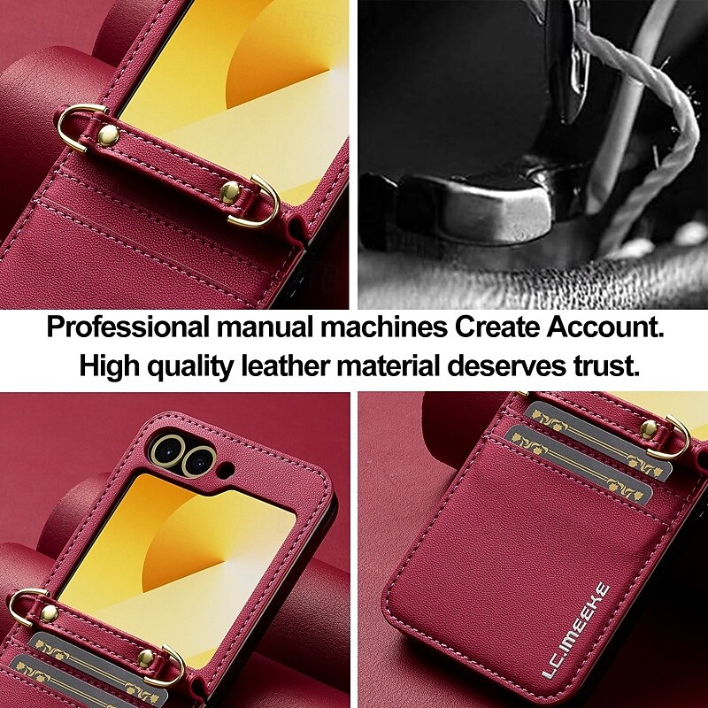 Phone Case For Samsung Galaxy Z Flip 7 Z Flip 6 Z Flip 5 Z Flip 4 Z Flip 3 Back Cover with Lanyard Card Slot Shockproof Retro TPU PU Leather2