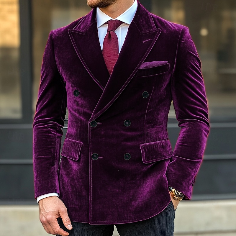 Men's Blazer Jacket Closure collar Christmas Vintage Velvet Solid Colored Blazer Red Purple Standard Fit Double Breasted Six-buttons4