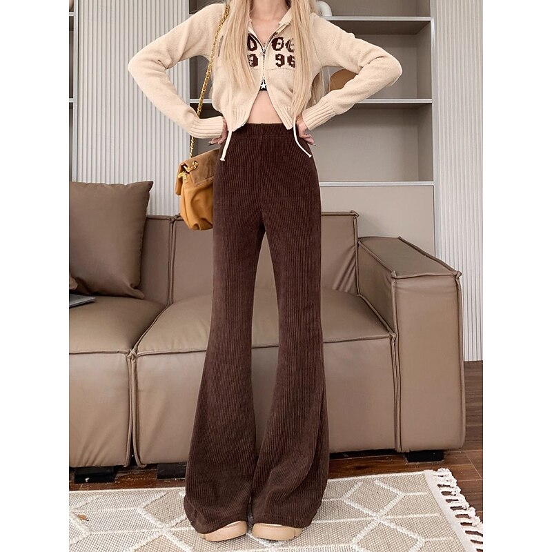 Women's Normal Bell Bottom Fashion Classic Style Full Length High Waist Solid Color Patchwork Comfy Breathability Micro-elastic Black Apricot Coffee Spring &  Fall Regular Fit3