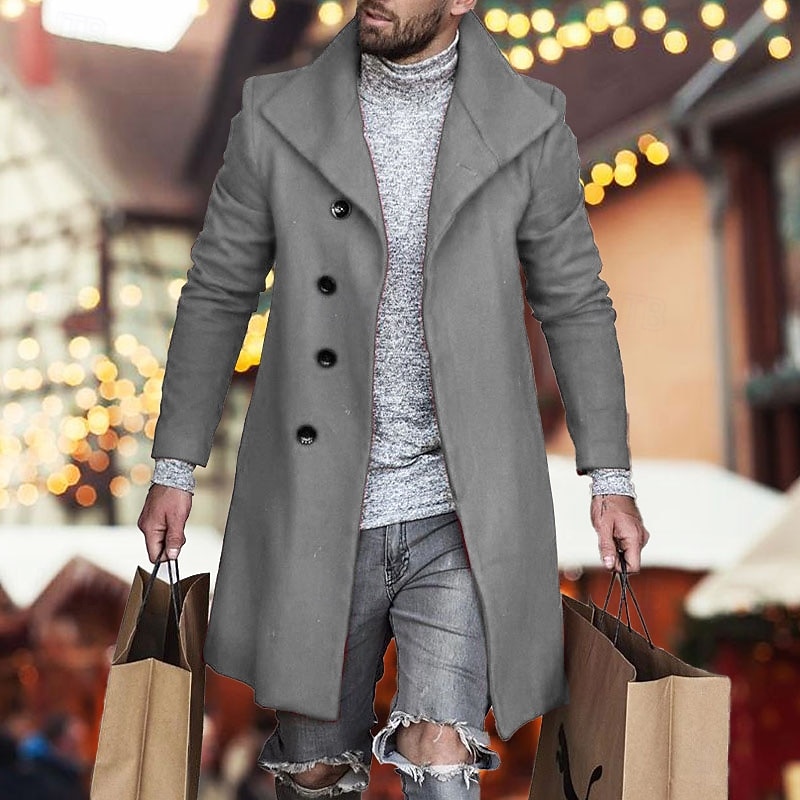 Men's Overcoat Trench Coat Long Trench Coat Daily Vacation Fall & Winter Polyester Windproof Soft Outerwear Clothing Apparel Fashion Classic Plain Pocket Lapel Single Breasted4