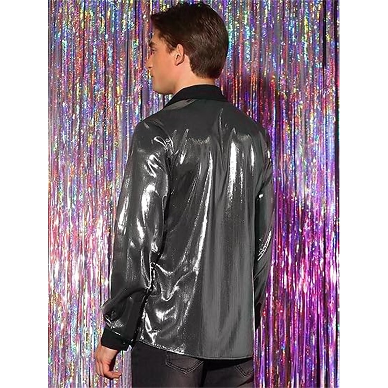 Retro Vintage 1970s 1980s Shirt Disco Shiny Metallic Fancy Dress Men's Carnival Costume Halloween Carnival Performance Party Club Adults' Shirt3