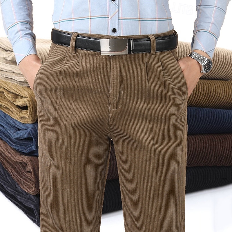 Men's Dress Pants Corduroy Pants Trousers Chinos Buttons Pocket Straight Leg Plain Comfort Formal Party Work Fashion Classic Style Dark Khaki Light Khaki Micro-elastic