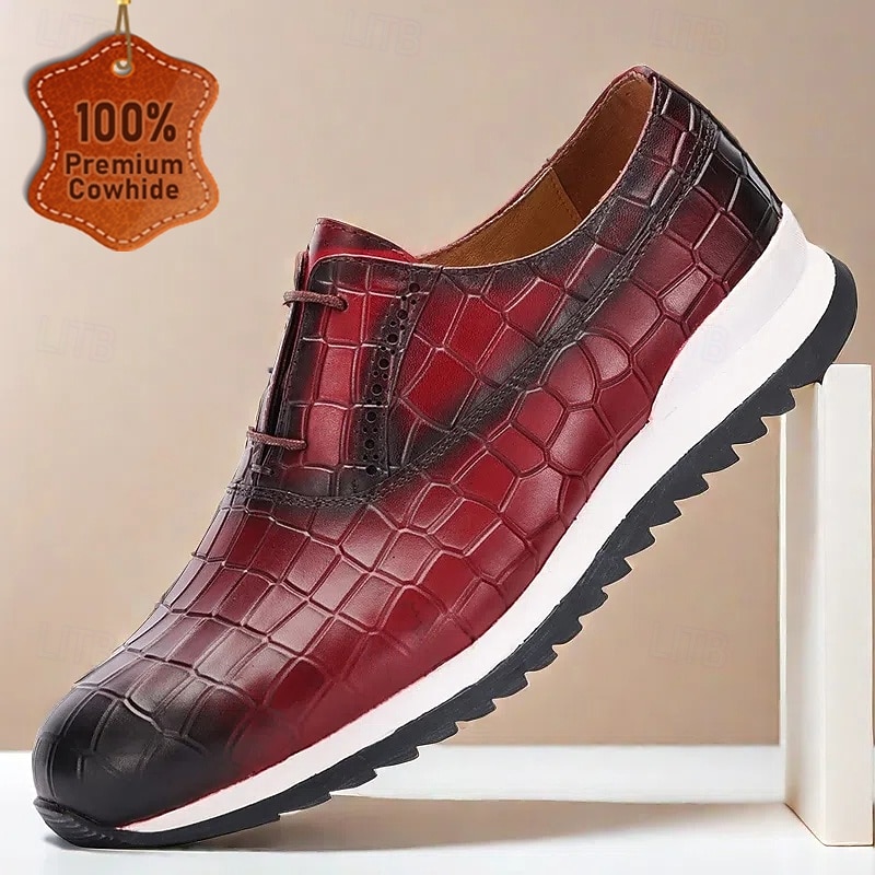 Men's Red Crocodile Pattern Leather Oxford Shoes – Premium Cowhide with Lace-Up Design and Modern Sole