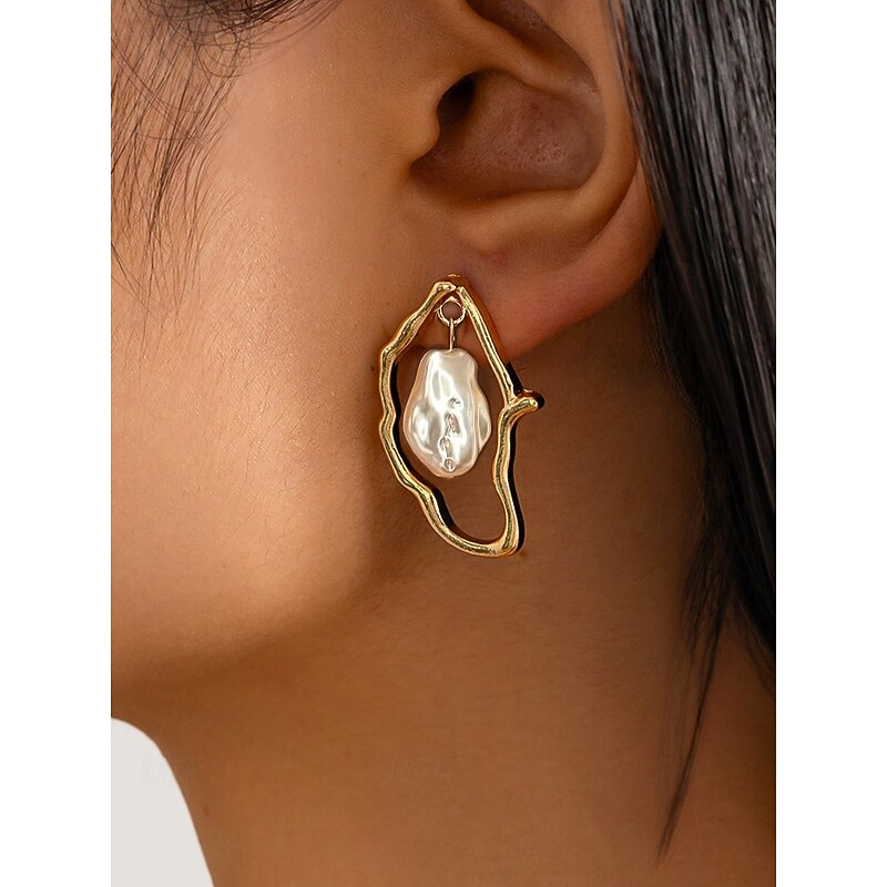 Women's Abstract Gold Drop Earrings with Imitation Pearl Accent - Unique Statement Jewelry for Elegant and Casual Occasions2