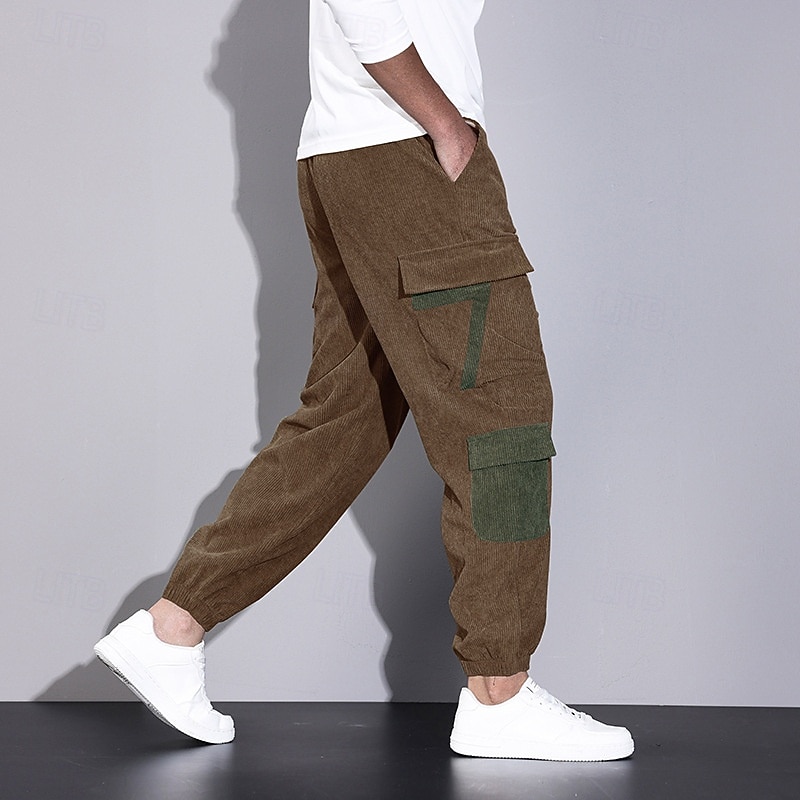 Men's Cargo Pants Corduroy Pants Trousers Elastic Waist Multi Pocket Elastic Cuff Color Block Wearable Outdoor Daily Camping & Hiking Fashion Classic ArmyGreen Black