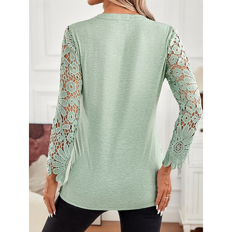 Women's Tunic Elegant Long Sleeve Square Neck Regular Tops Vacation Valentine's Day Daily Lace Buttons Eyelet Light Green Spring Fall3