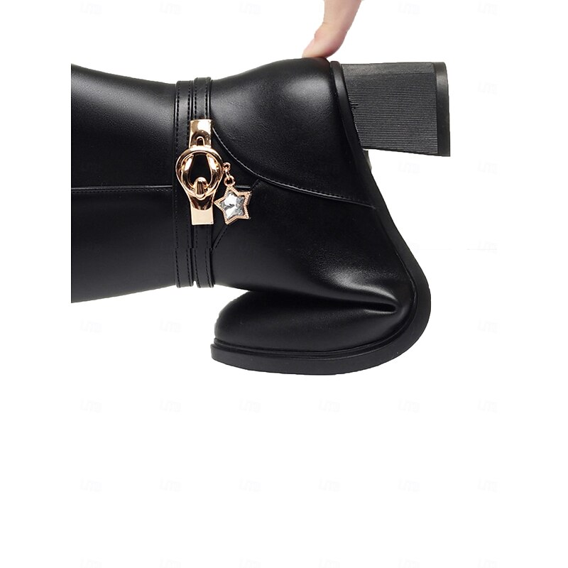 Women's Black Faux Leather Fur-Lined Mid-Calf Winter Boots with Star Charm and Block Heels – Elegant and Warm Footwear for Cold Weather4