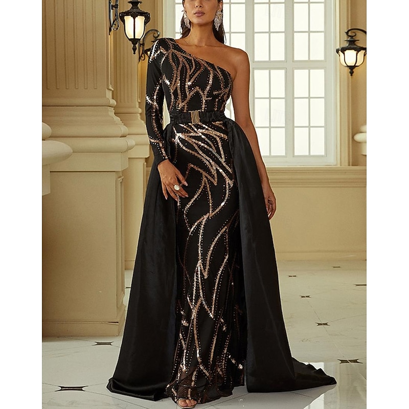 A-Line Evening Gown Elegant Dress Formal Chapel Train Long Sleeve One Shoulder Nylon with Glitter