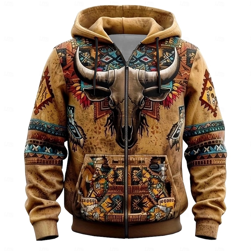 Men's Bandana Print Hoodies Fashion Daily Long Sleeve Hooded Vacation Streetwear Brown Drawstring Zipper Fall Winter Designer2