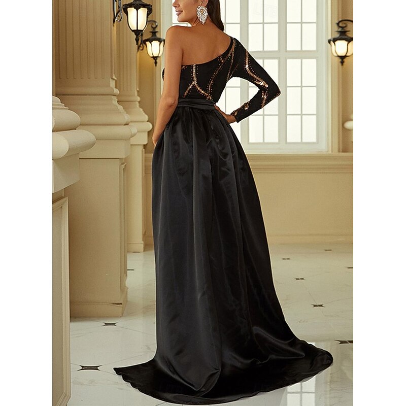 A-Line Evening Gown Elegant Dress Formal Chapel Train Long Sleeve One Shoulder Nylon with Glitter2