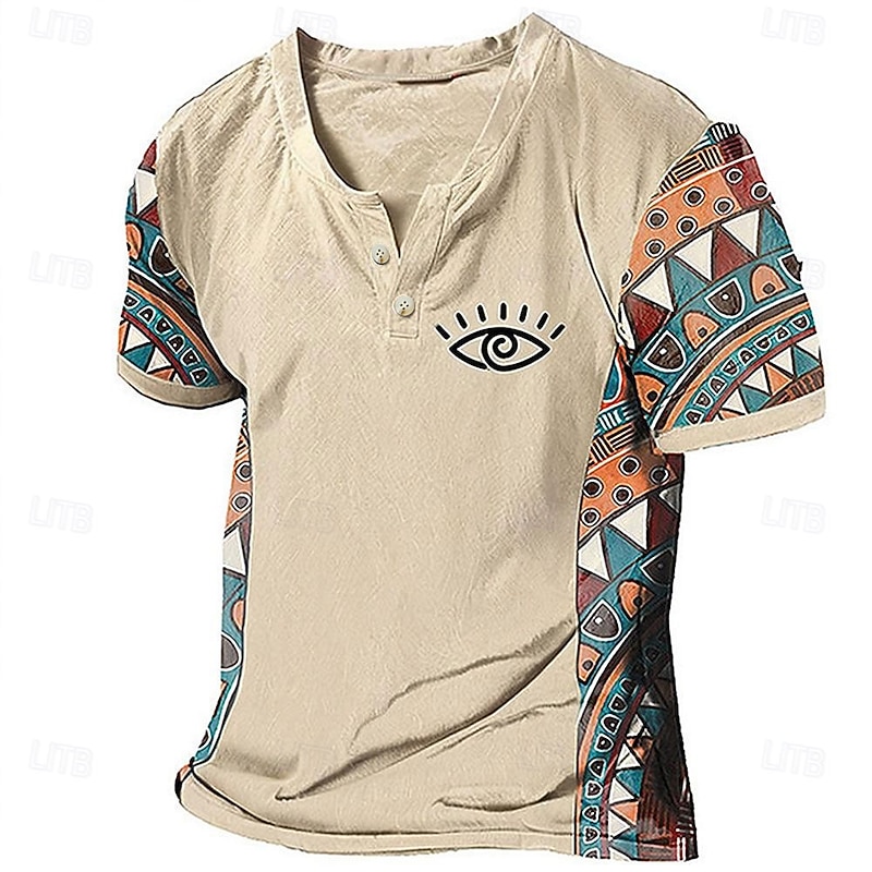 Men's Graphic Color Block Tribal T Shirt Henley Shirt Short Sleeve 3D Printing Designer Ethnic Classic Outdoor Vacation Daily Spring & Summer Dark Brown Blue Sky Blue Brown Green V Neck Henley T-Shirt