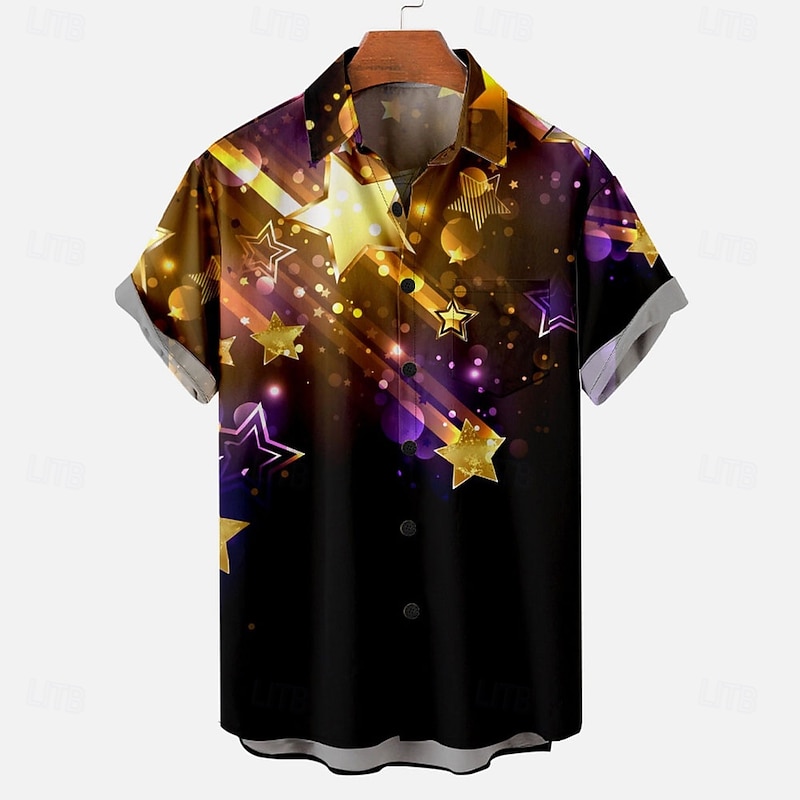 Men's Pentagram Summer Hawaiian Shirt Bowling Shirt Button Up Shirt Short Sleeve Hawaiian Casual Vacation New Year Daily Summer Turndown Button Up 3D Print Gold