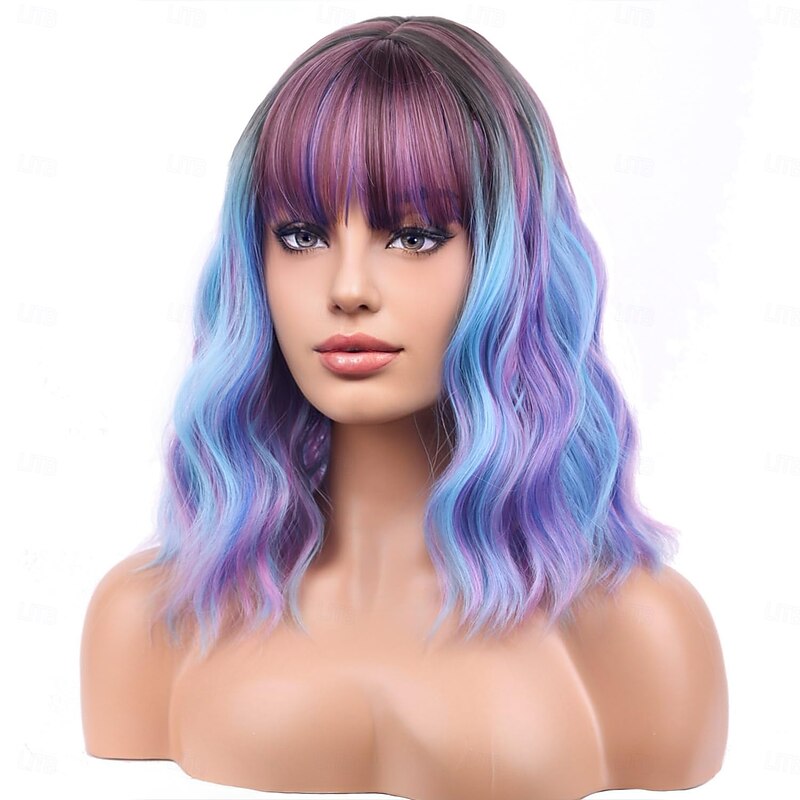 Wigs with Bangs Short Colorful Bob Wigs for Women Loose Wavy Wig for Women Girls