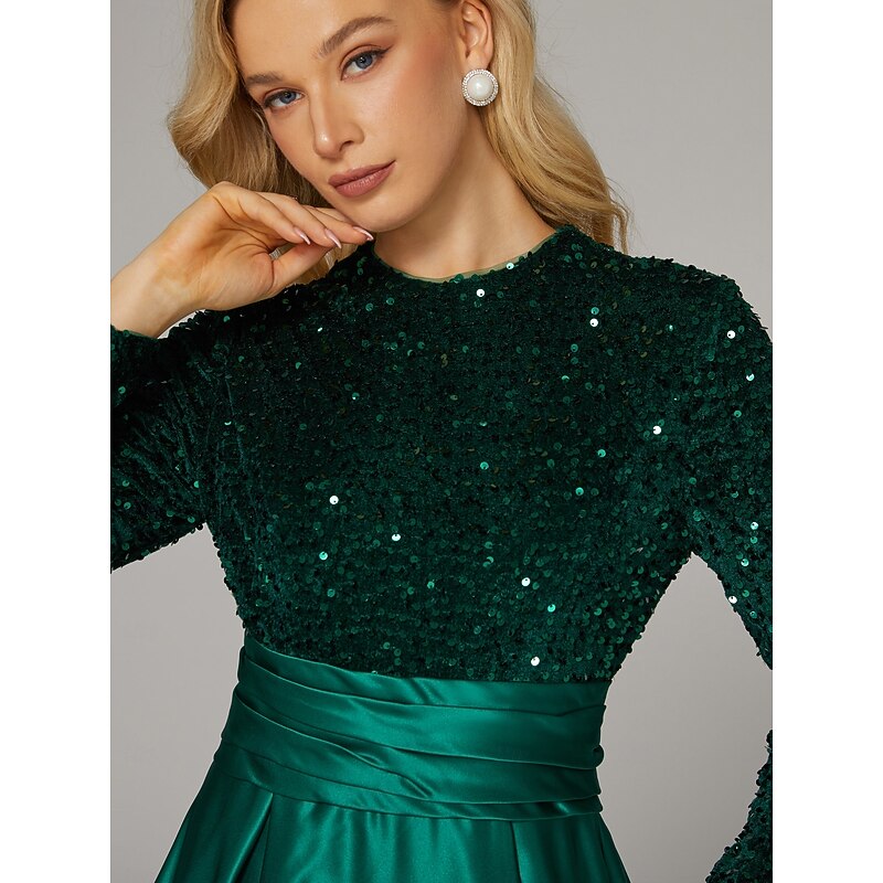 A-Line Evening Gown Elegant Dress Formal Cocktail Party Court Train Long Sleeve High Neck Fall Wedding Guest Satin with Sequin2