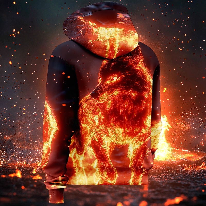Men's Wolf Flame Hoodies Sweatshirt Fashion Cool Long Sleeve Crew Neck Party Holiday Streetwear Red Drawstring Fall Winter Designer2