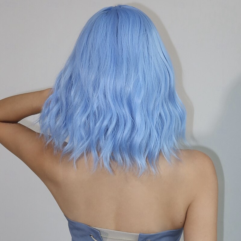 Cosplay Costume Wig Bouncy Curl Bob Neat Bang With Bangs Wig 14 inch Sky Blue Synthetic Hair Women's Elastic Adorable Comfortable Blue2