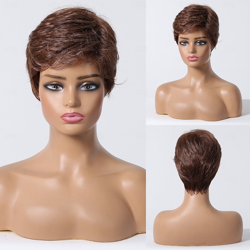 Human Hair Blend Wig Short Straight Natural Straight Bob Pixie Cut Side Part Layered Haircut Dark Brown Cosplay Curler & straightener Natural Hairline Capless Burmese Hair Women's All Dark Brown