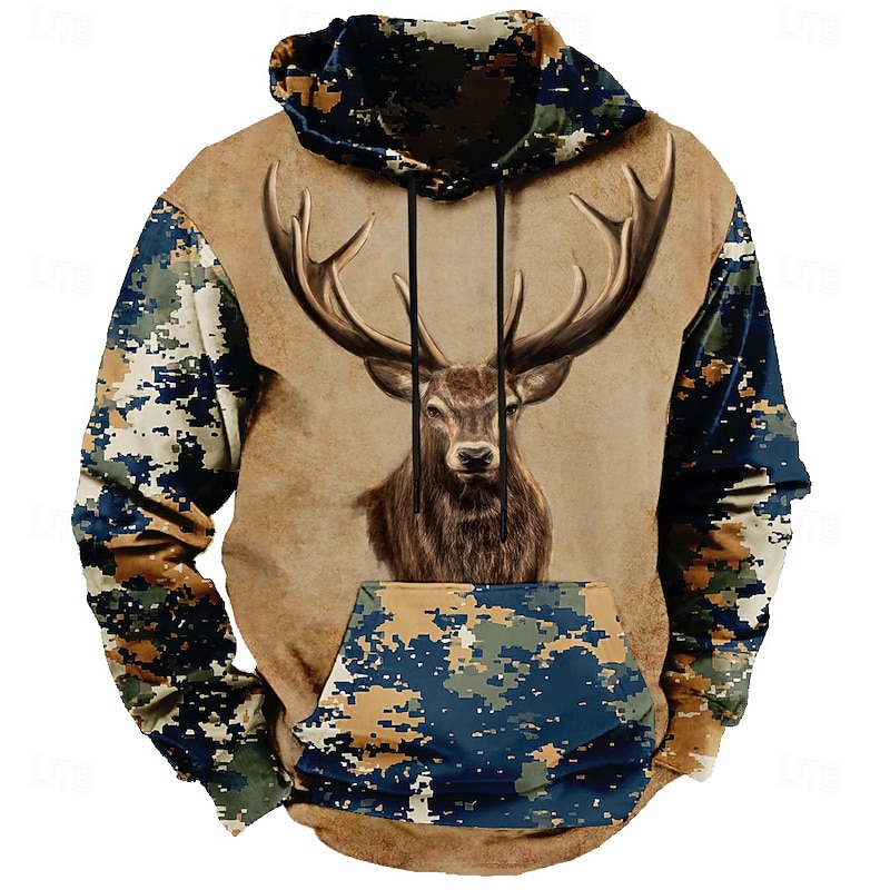 Men's Deer Hoodies Fashion Daily Long Sleeve Crew Neck Holiday Going out Streetwear Brown Drawstring Fall Winter Designer
