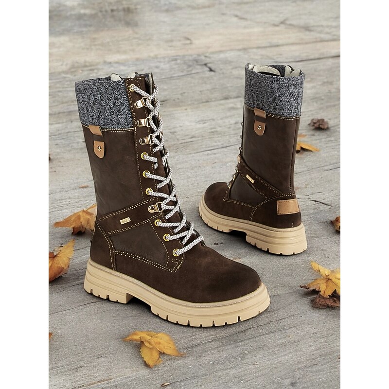 Women's Brown Lace-Up Winter Boots – Faux Leather, Knit Cuff Design, Insulated Lining, Rugged Sole for Cold Weather and Outdoor Adventures2