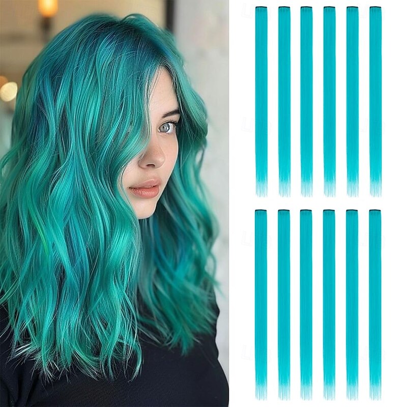 12Pcs Colored Hair Extensions - 22 Inch Straight Clip In Synthetic Hairpieces Ideal for Women, Kids, and Girls, for Halloween, Christmas and Cosplay3