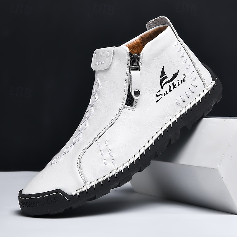 Men's White Faux Leather Casual Ankle Boots with Zipper and Hand-Stitched Sole | Stylish and Comfortable Outdoor Footwear