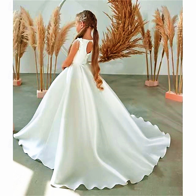 Flower Girl Dress Girls' First Communion Dress Party Dress Performance Wedding Party Princess Sweet Mesh Solid Color Sleeveless Crew Neck White 2-12 Years4