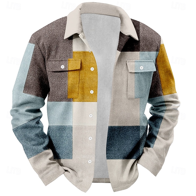 Men's Geometric Shirt Jacket Overshirt Long Sleeve Casual Outdoor Vacation Fall Winter Turndown Button Up Blue
