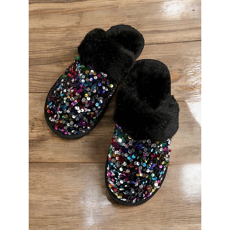 Women's Black Sequin Fur-Lined Slippers with Multicolor Sparkle and Comfortable Sole – Ideal for Indoor Luxury and Warmth
