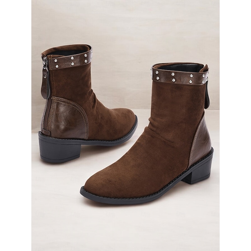 Women's Brown Suede Ankle Boots with Studded Faux Leather Straps – Western-Inspired Low Heel Boots for Casual and Outdoor Wear