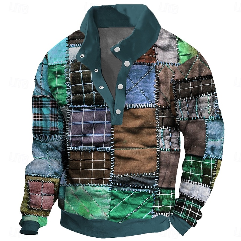 Men's Patchwork Sweatshirt Sweatshirt Long Sleeve Sweatshirt Crew Neck Fashion Daily Simple Print Vacation Holiday Going out Buttons Winter