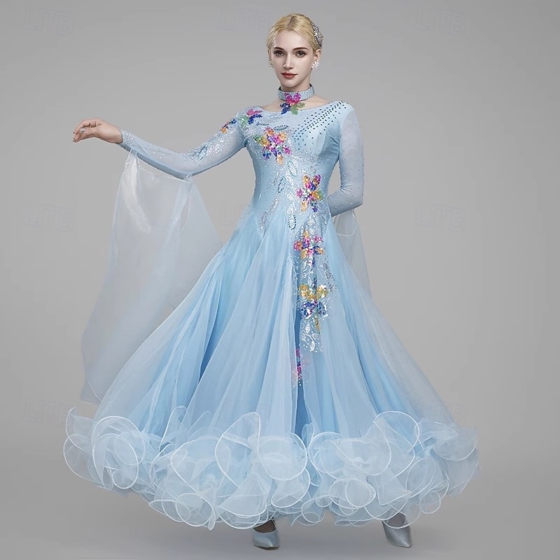 Ballroom Dance Dress Embroidery Splicing Crystals / Rhinestones Women's Performance Party Long Sleeve Spandex Tulle4