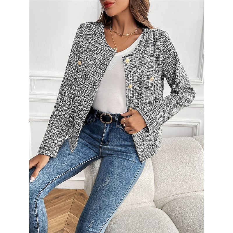 Women's Casual Jacket Warm Breathable Buttons Casual Plaid Vacation Street Daily Wear Going out Single Breasted Short Crewneck Regular Fit Long Sleeve Outerwear Black Fall Winter 7