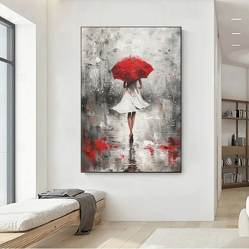 Abstract Rainy Day Oil Painting on Canvas hand painted Pretty Girl Painting Large Portrait oil painting hand painted Wall Art Custom girl Painting for Bedroom artwork Wall Decor