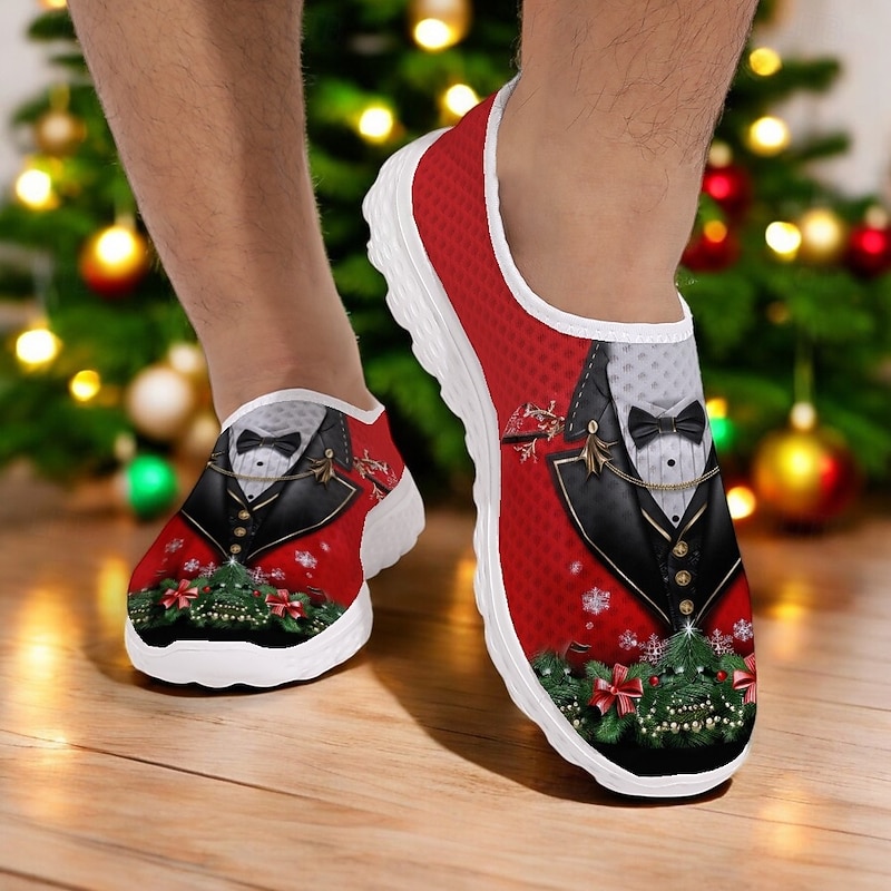 Men's Christmas Tuxedo Print Slip-On Sneakers - Festive Holiday Themed Casual Shoes with Christmas Decorations - Perfect for Holiday Parties & Celebrations3