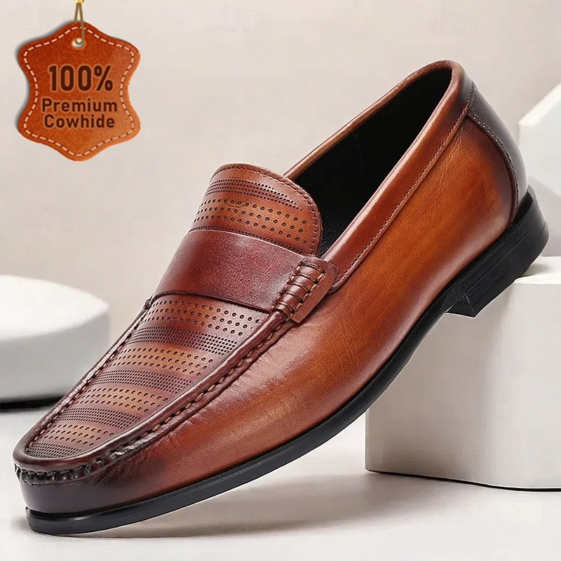Men's Premium Cowhide Leather Loafers – Perforated Design Slip-On Dress Shoes for Business and Formal Occasions