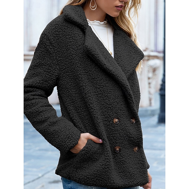 Women's Fleece Jacket Teddy Coat Warm Breathable Pocket Fleece Lined Casual Plain Vacation Street Daily Wear Going out Double Breasted Regular Turndown Regular Fit Long Sleeve Outerwear Black Pink2