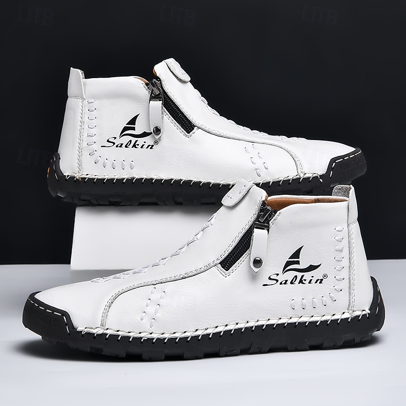 Men's White Faux Leather Casual Ankle Boots with Zipper and Hand-Stitched Sole | Stylish and Comfortable Outdoor Footwear2