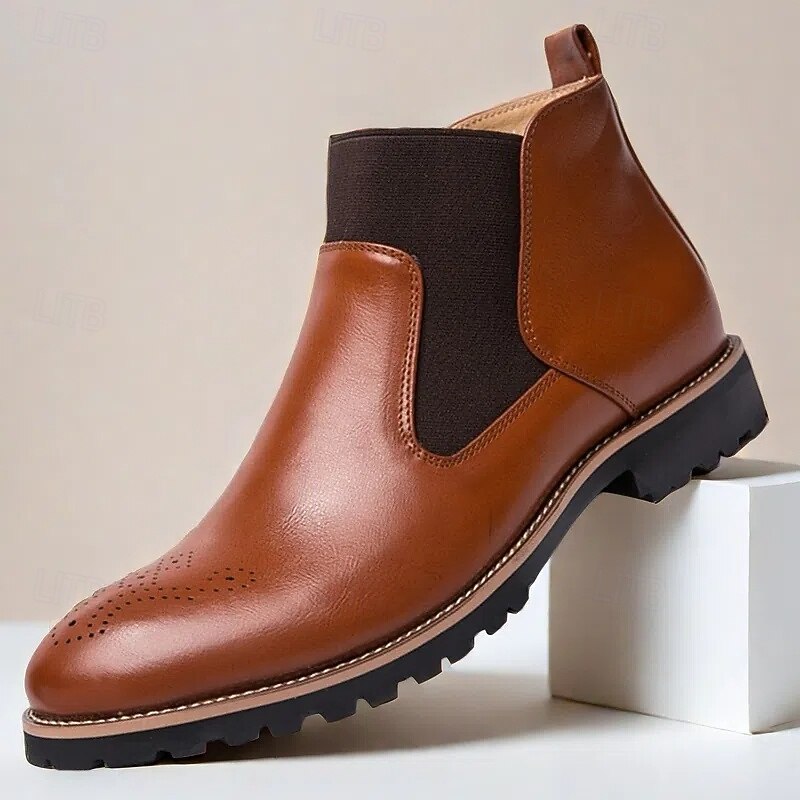Men's Brown Faux Leather Chelsea Boots – Stylish Slip-On Ankle Boots with Rugged Tread and Perforated Detailing